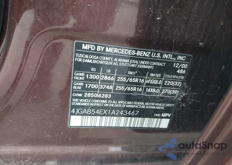 2001 Mercedes-Benz Ml 320 z USA, uszkodzony, nr VIN 4JGAB54EX1A243467